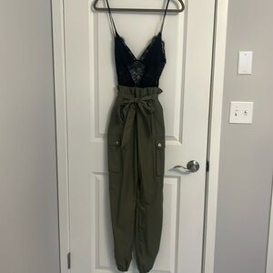 Fashion Nova Black Lace Top & Army Green Jumpsuit, Size XS